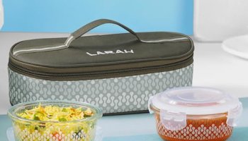 Larah Glassware Gracia Borosilicate Glass Lunchbox With Bag | 2Pc Round Container (400 Ml Each), Horizontal | Microwave & Dishwasher Safe, Leakproof | Tiffin For Office, School, College | Green