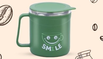 Attro Happy Mug Comes With Double Wall Inner Stainless Still & Lid Stylish Cup Ideal For Hot Coffee, Tea – Olive Green – Plastic, 300 Ml