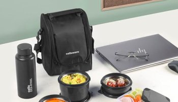 Cello All In One Lunch Box With Fabric Bag, Black | 3 Microwave Safe Inner Steel Container (550Ml,375Ml,225Ml), 1 Pickle Box 175Ml & Steel Bottle 900Ml | Air Tight Leak Proof Tiffin Box Set For Office