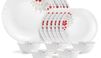 Cello Opalware Dazzle Series Scarlet Bliss Dinner Set 18 Units Serving For 6 | Bone Ash-Free | Lightweight, Elegant White Plates & Bowls Set | Opal Glass Crockery Set For Daily Use Dinning & Gifting