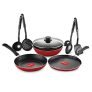 Pigeon Mio Non Induction Base Nonstick Aluminium Cookware Gift Set, Includes Nonstick Flat Tawa, Nonstick Fry Pan, Kitchen Tool Set, Nonstick Kadai With Glass Lid, 8 Pieces Kitchen Set (Red)