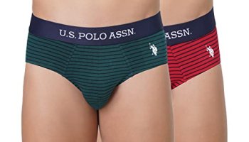 U.S. Polo Assn. Men Horizontal Stripe Antibacterial Eb005 Briefs – Pack Of 2 (Bistrogreen-Navy/Navy-Pomogranate L)