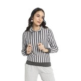 Campus Sutra Women’S Dark Grey Candy Striped Hoodie With Ribbed Hem For Casual Wear | Hood Neck | Long Sleeve | Drawstring Closure | Sweatshirt Crafted With Comfort Fit For Everyday Wear (Size – L)