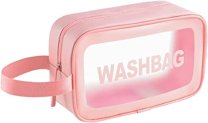 Kuklar Wash Bag Pouch For Travel Kit Toiletry Bag Cosmetic Bag Make Up Box For Brushes,Accessories With Handle,Large Capacity Translucent Waterproof Travel Storage Mini Size 21X13X7 (Pink)