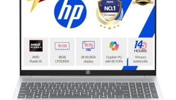 Hp Smartchoice Omnibook 5 (Previously Pavilion) 50 Tops, Amd Ryzen Ai 7 350 (16Gb Lpddr5X, 512Gb Ssd) Wuxga 2K, Touch, 16”/40.6Cm, Win11,Office24, Silver, 1.8Kg, Ag1048Au, Next-Gen Ai Copilot+ Laptop