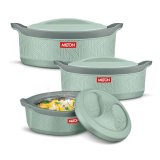 Milton Evoke Jr. Gift Set Pu Insulated Inner Stainless Steel Casserole,Set Of 3(450 Ml,850 Ml, 1240 Ml),Light Green,Bpa Free,Food Grade,Hot And Cold,Easy To Carry,Easy To Store,Chapati,Roti,Curd Maker