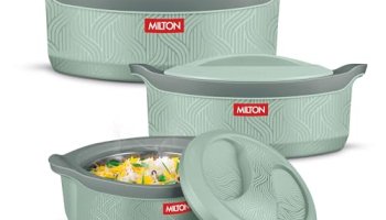 Milton Evoke Jr. Gift Set Pu Insulated Inner Stainless Steel Casserole,Set Of 3(450 Ml,850 Ml, 1240 Ml),Light Green,Bpa Free,Food Grade,Hot And Cold,Easy To Carry,Easy To Store,Chapati,Roti,Curd Maker