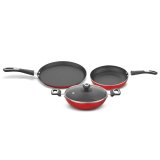 ‎Preethi Dura Collection Non Stick Set, 28 Cm Tawa, 26 Cm Frying Pan, 26 Cm Kadai, With Glass Lid, Gas & Induction Compatible, 5 Star Non Stick Effect, Chilly Red
