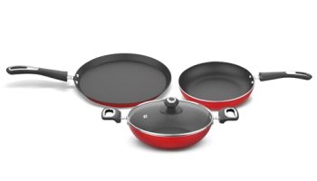 ‎Preethi Dura Collection Non Stick Set, 28 Cm Tawa, 26 Cm Frying Pan, 26 Cm Kadai, With Glass Lid, Gas & Induction Compatible, 5 Star Non Stick Effect, Chilly Red