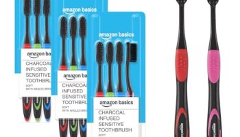 Amazon Basics Charcoal-Infused Sensitive Toothbrush For Adults, Multicolour | 12-Count (4 × 3 Packs) | Ultra Soft Bristles For Deep Cleaning, Whitening & Gentle Gum Care