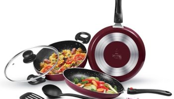 Milton Pro Cook Kitchen Pride Non-Stick Cookware Set Of 5 | Includes Nonstick Tawa, Frying Pan, Kadhai With Lid, Nylon Laddle & Spatula | Non-Induction Base | Peach Color